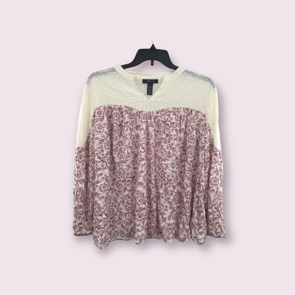 ^ Style & Co Womens Large Two Tone Cream/Red Sheer Split Neck Long Sleeve Top